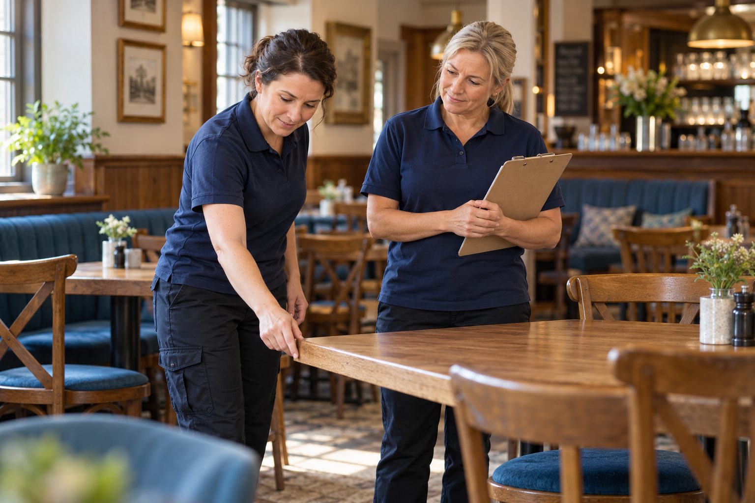 Two cleaning professionals review a table and checklist in a pub dining area